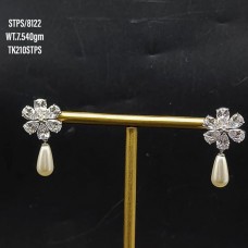cz set flower and pearl drop silver dangle stud earrings